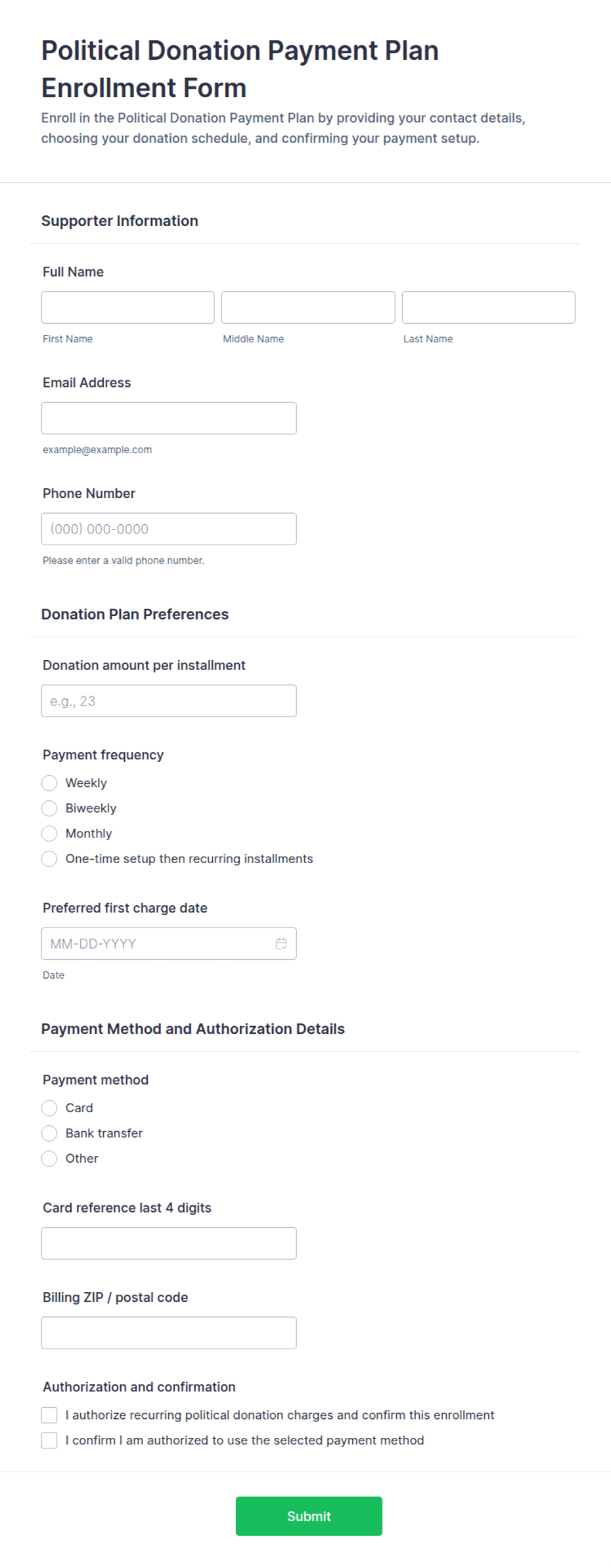 Political Donation Payment Plan Enrollment Form Template | Jotform