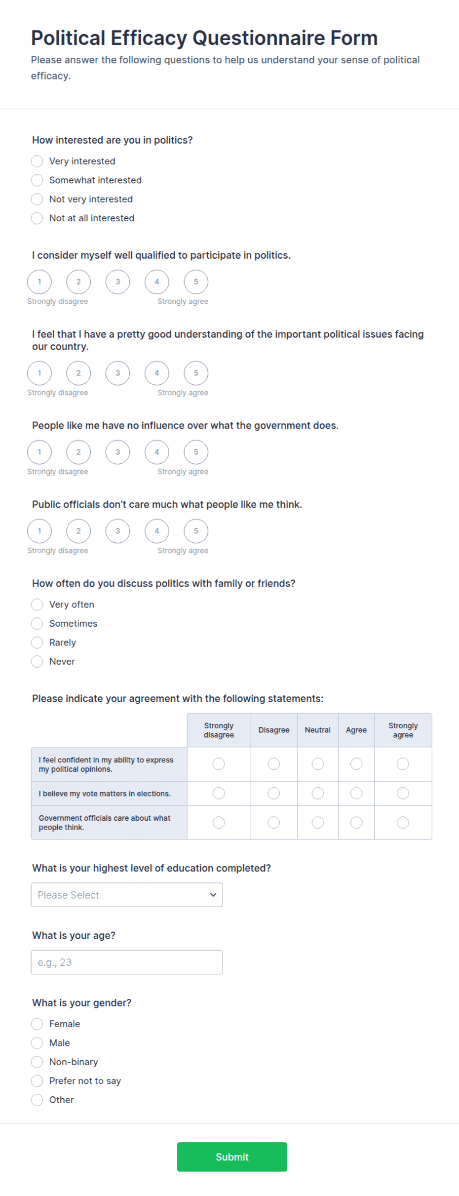 Political Efficacy Questionnaire Form Template | Jotform