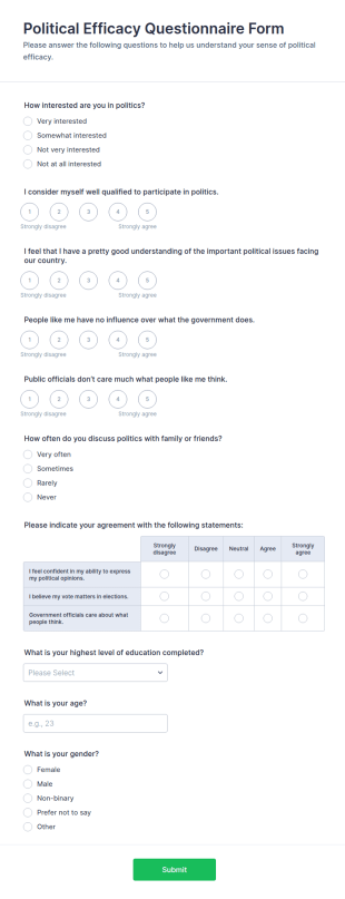 Political Efficacy Questionnaire Form Template