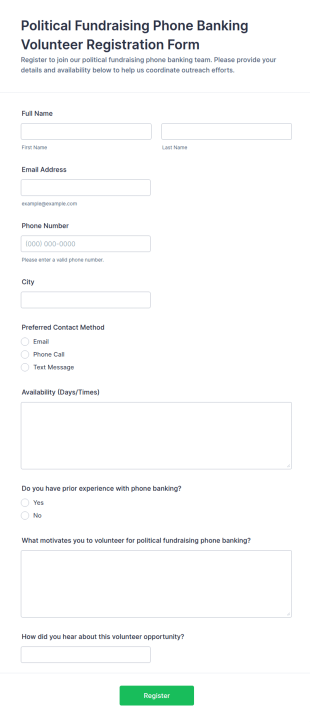 Political Fundraising Phone Banking Volunteer Registration Form Template