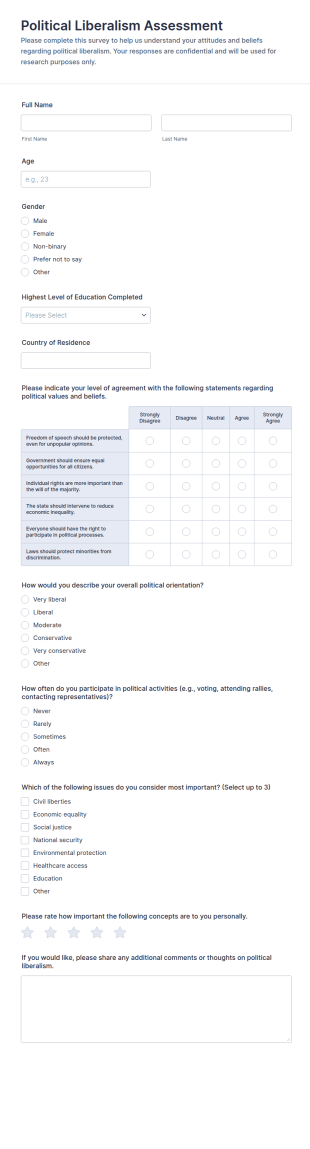 Political Liberalism Assessment Form Template