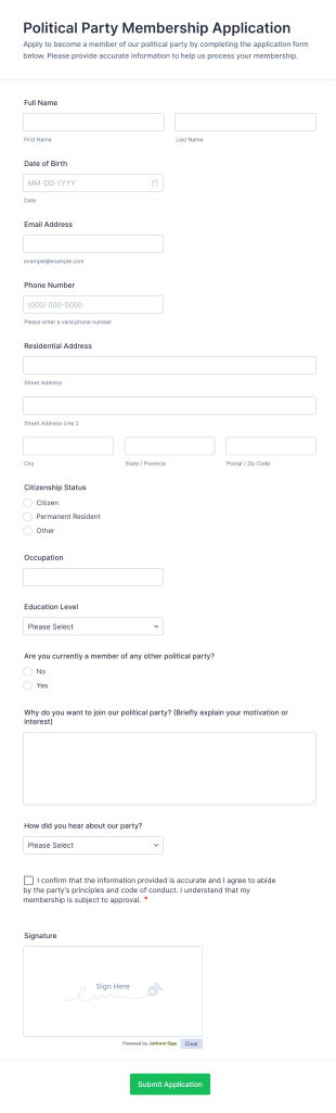 Political Party Membership Application Form Template