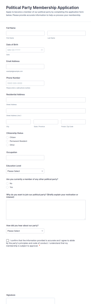 Political Party Membership Application Form Template