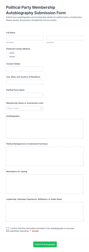 Political Party Membership Autobiography Submission Form Template