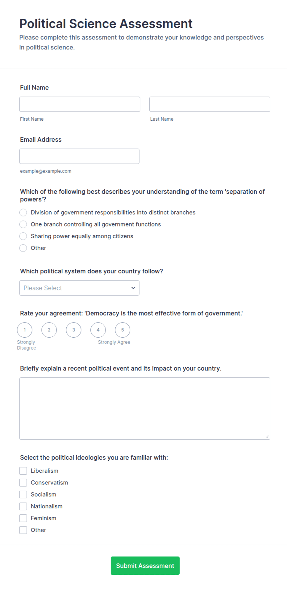 Political Process Assessment Political Science Assessment Form Template | Jotform