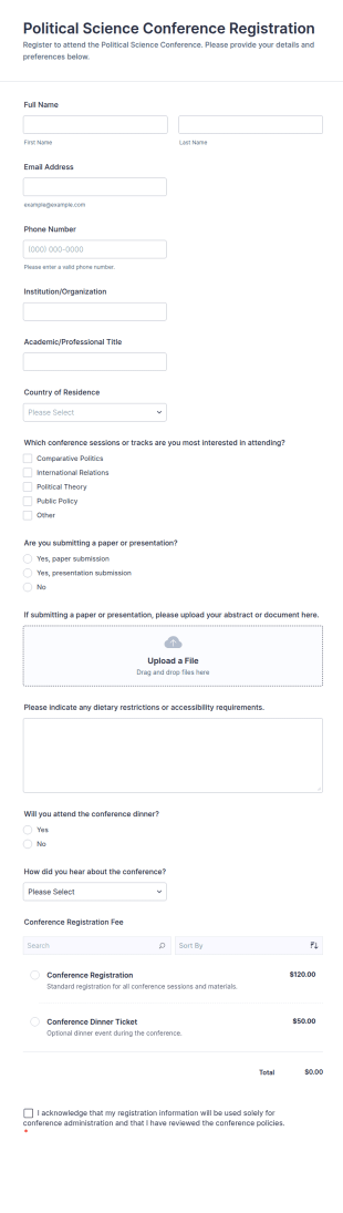 Political Science Conference Registration Form Template