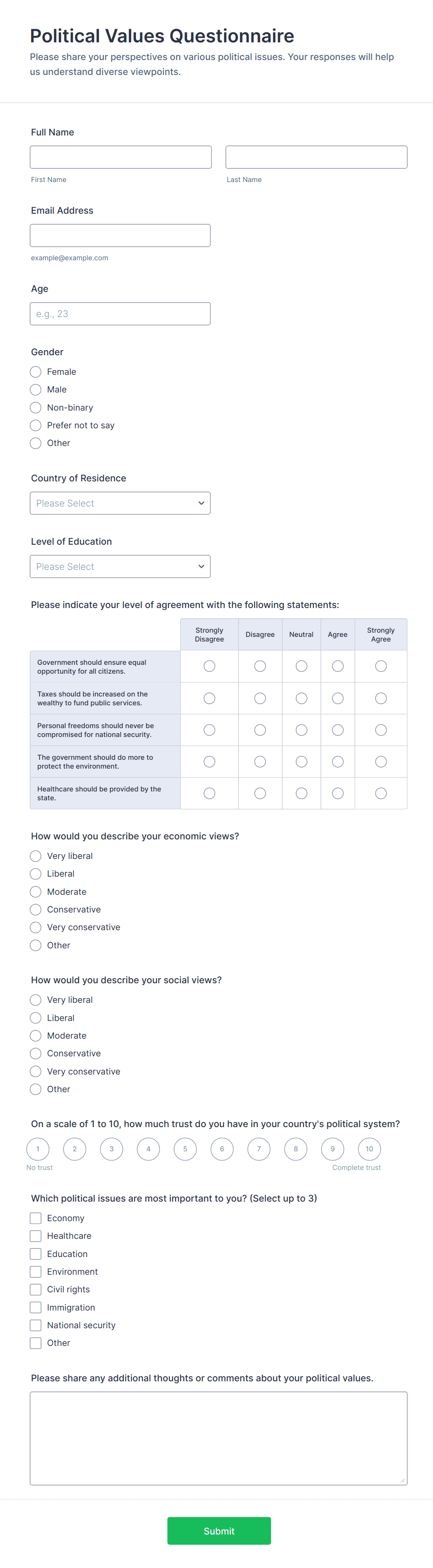 Political Values Questionnaire Form Template | Jotform