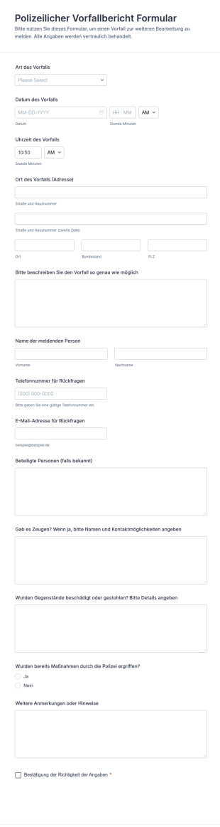 Polizeilicher Vorfallbericht Formular
