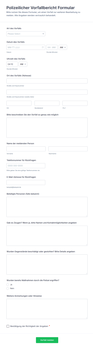Polizeilicher Vorfallbericht Formular