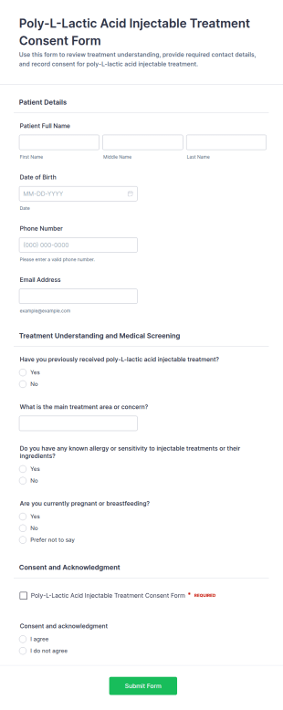 Poly L Lactic Acid Injectable Treatment Consent Form Template
