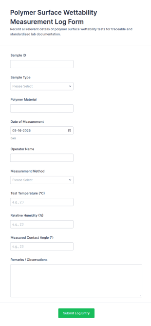 Polymer Surface Wettability Measurement Log Form Template