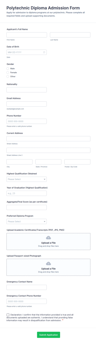 Polytechnic Diploma Admission Form Template