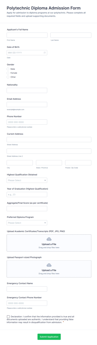 Polytechnic Diploma Admission Form Template
