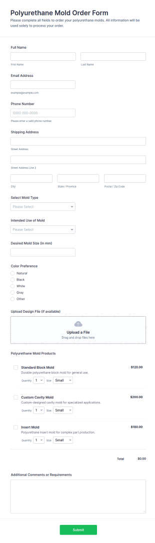 Polyurethane Mold Order Form Template