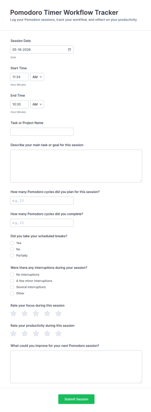 Pomodoro Timer Workflow Tracker Form Template