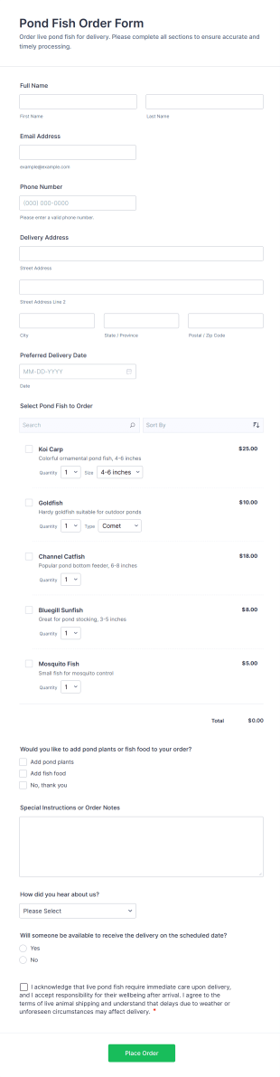 Pond Fish Order Form Template