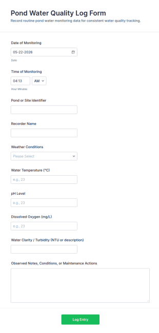 Pond Water Quality Log Form Template