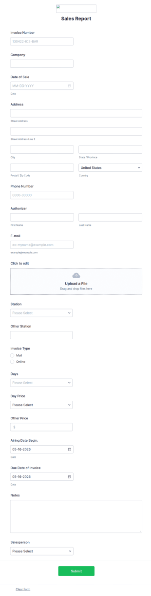 Sales And Advertising Report Form Template