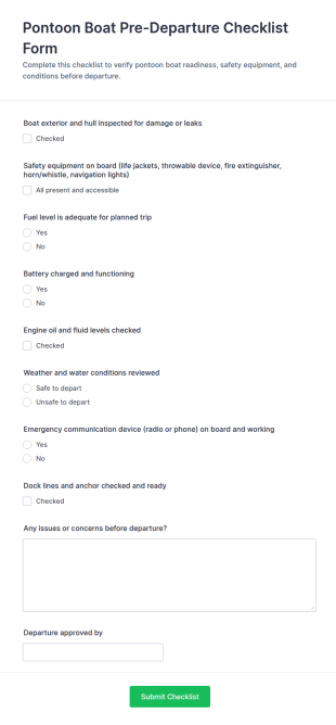 Pontoon Boat Pre Departure Checklist Form Template