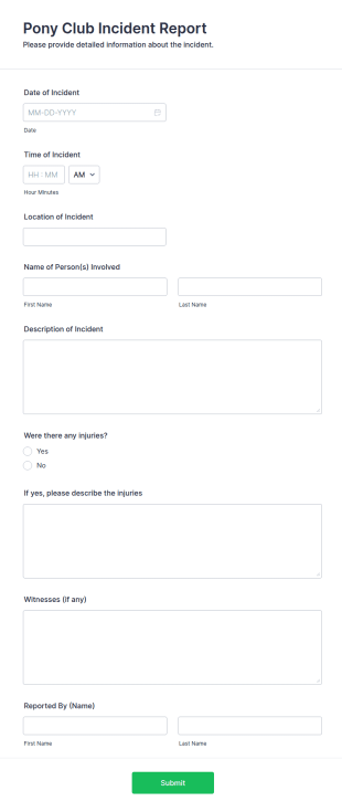 Pony Club Incident Report Form Template
