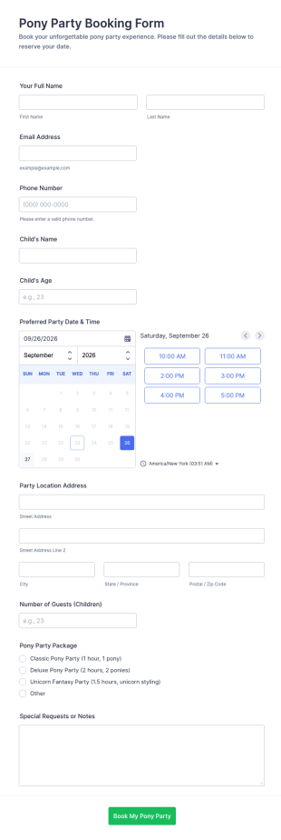Pony Party Booking Form Template
