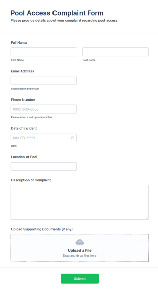 Pool Access Complaint Form Template