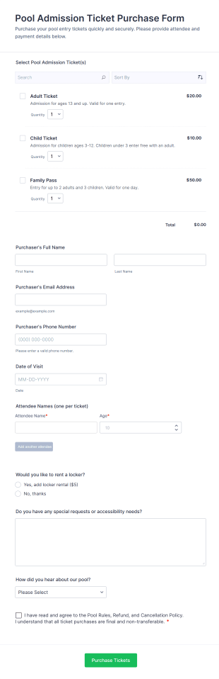Pool Admission Ticket Purchase Form Template