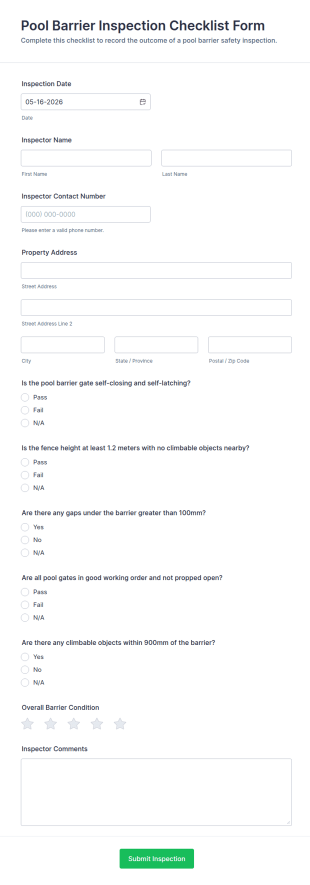 Pool Barrier Inspection Checklist Form Template
