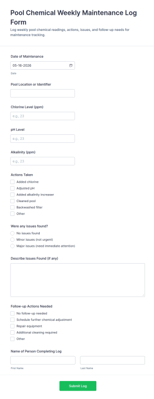 Pool Chemical Weekly Maintenance Log Form Template