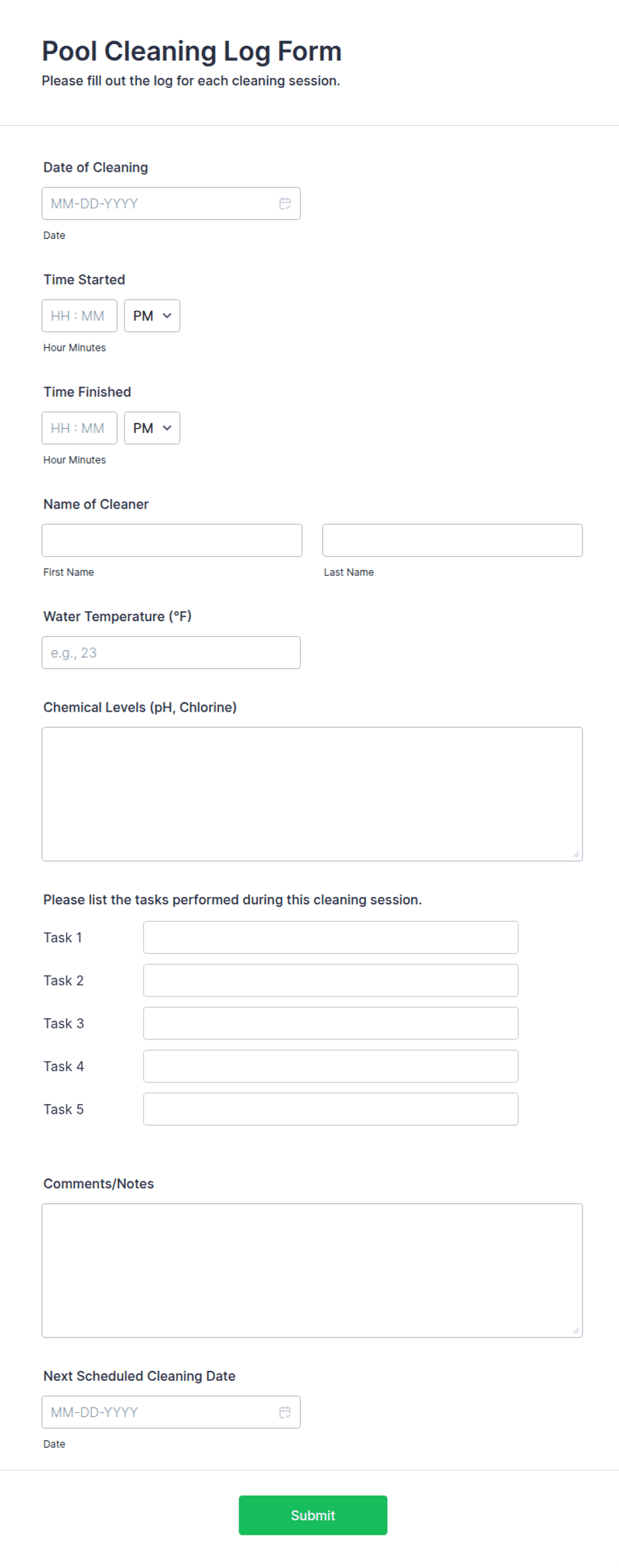 Pool Cleaning Log Form Template | Jotform