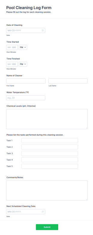 Pool Cleaning Log Form Template