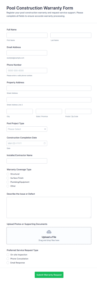 Pool Construction Warranty Form Template