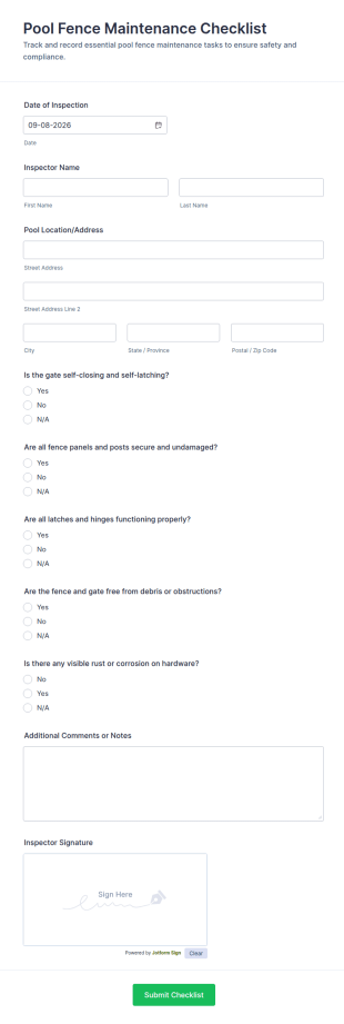 Pool Fence Maintenance Checklist Form Template