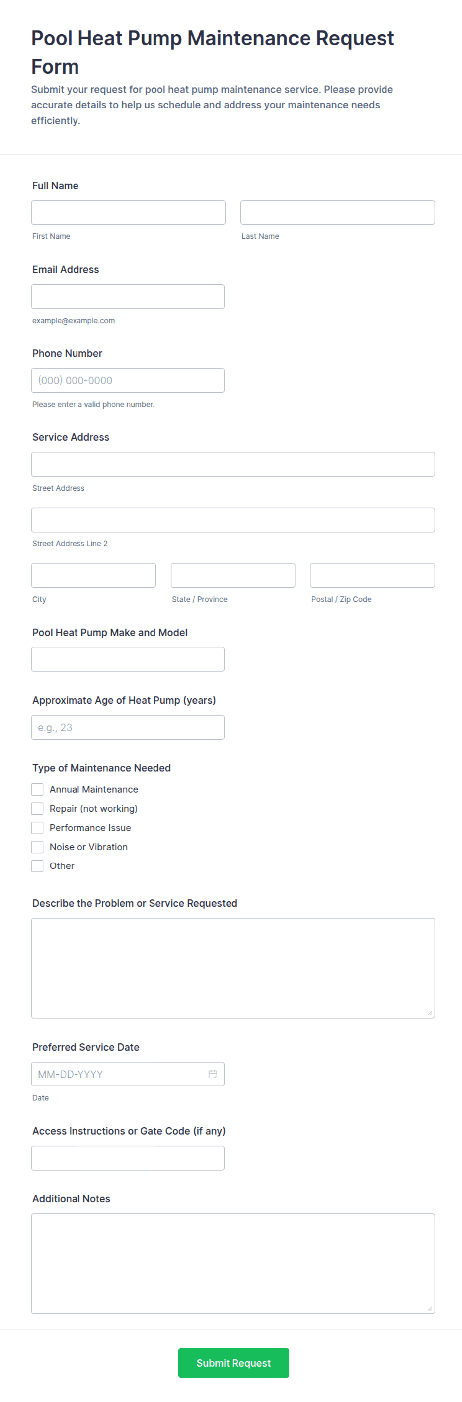 Pool Heat Pump Maintenance Request Form Template | Jotform