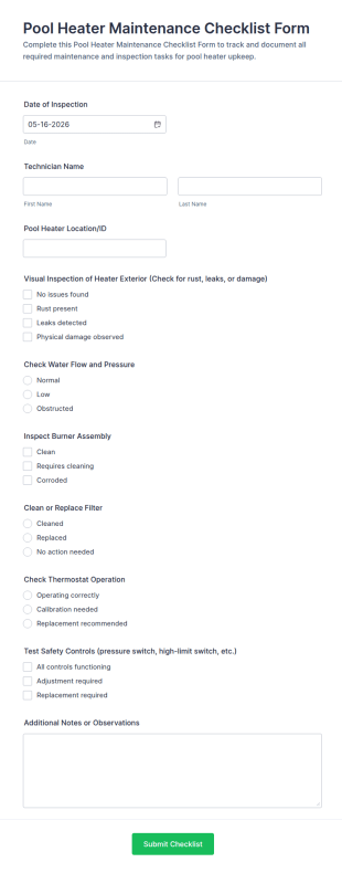 Pool Heater Maintenance Checklist Form Template