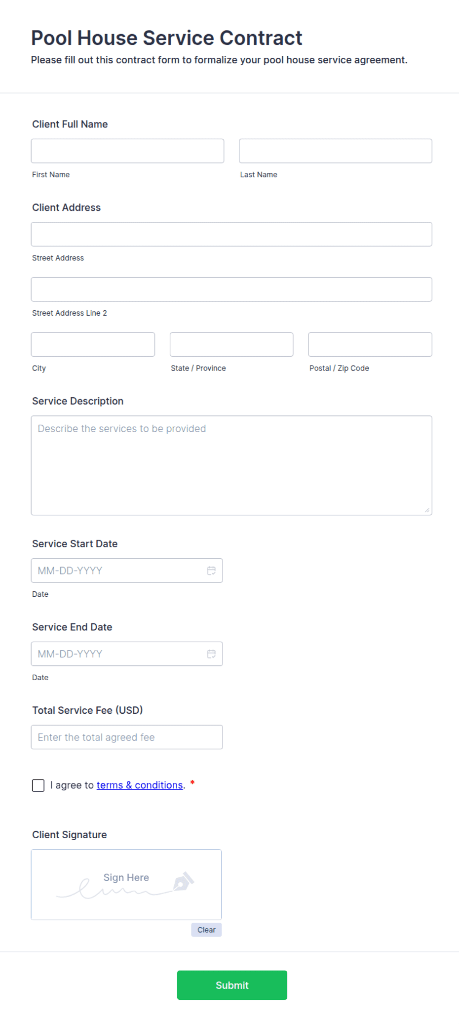 Pool House Service Contract Form Template | Jotform