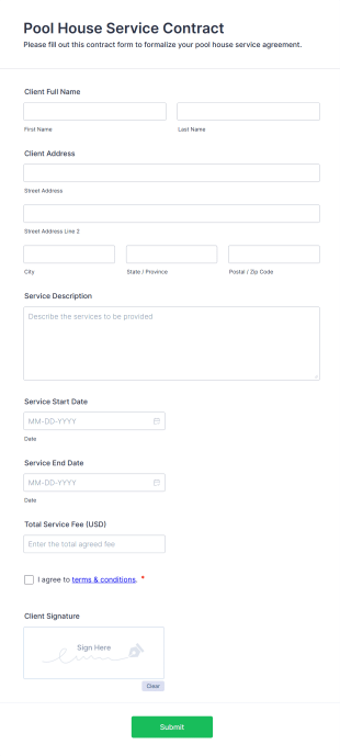 Pool House Service Contract Form Template