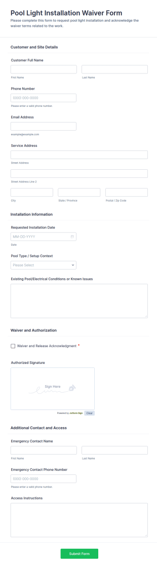 Pool Light Installation Waiver Form Template
