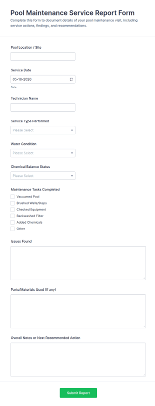 Pool Maintenance Service Report Form Template