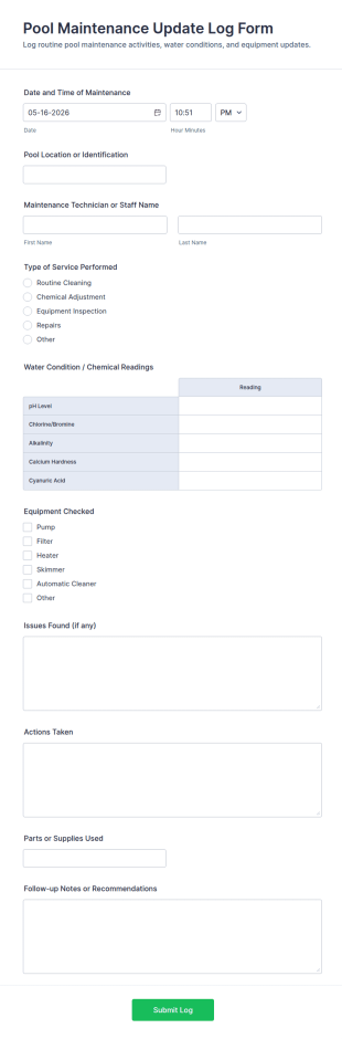 Pool Maintenance Update Log Form Template