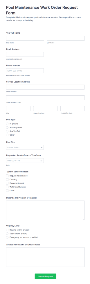 Pool Maintenance Work Order Request Form Template