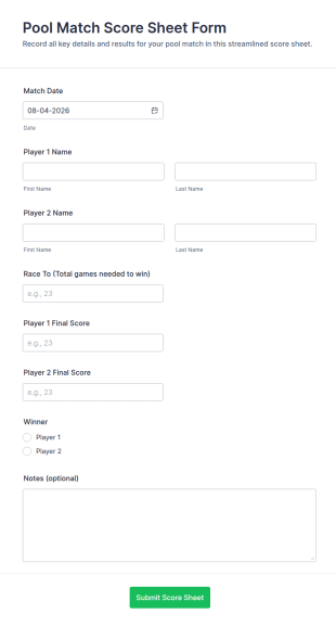 Pool Match Score Sheet Form Template