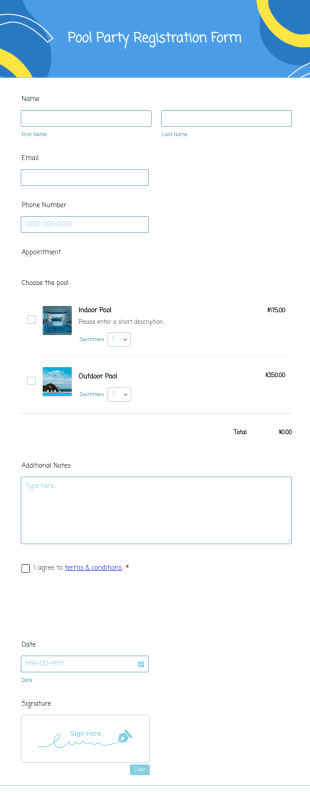 Pool Party Registration Form Template