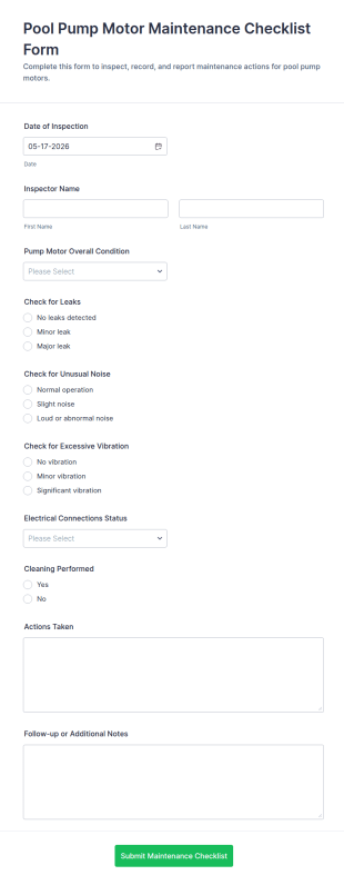 Pool Pump Motor Maintenance Checklist Form Template