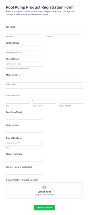 Pool Pump Product Registration Form Template