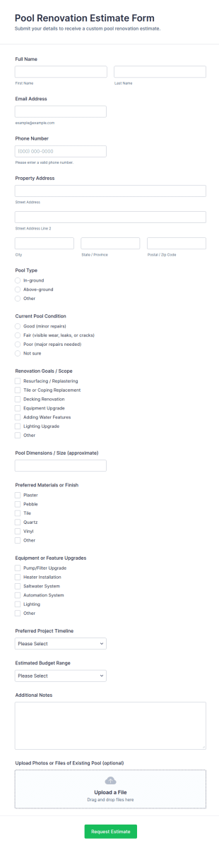 Pool Renovation Estimate Form Template
