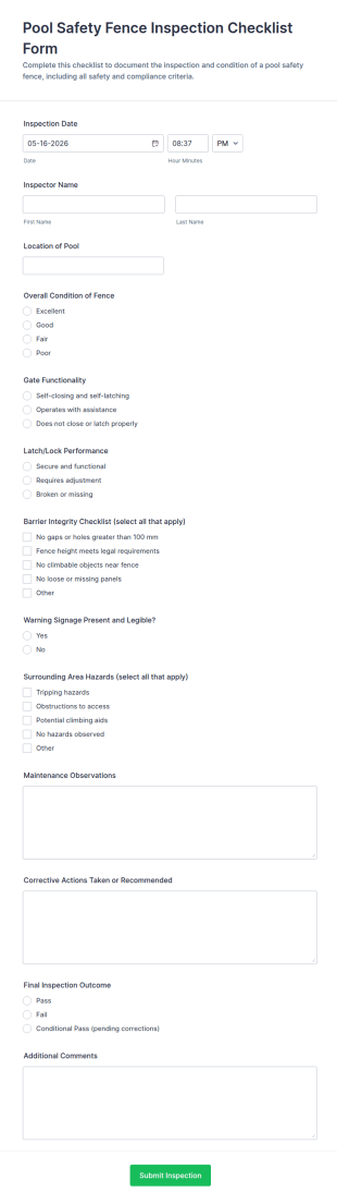 Pool Safety Fence Inspection Checklist Form Template