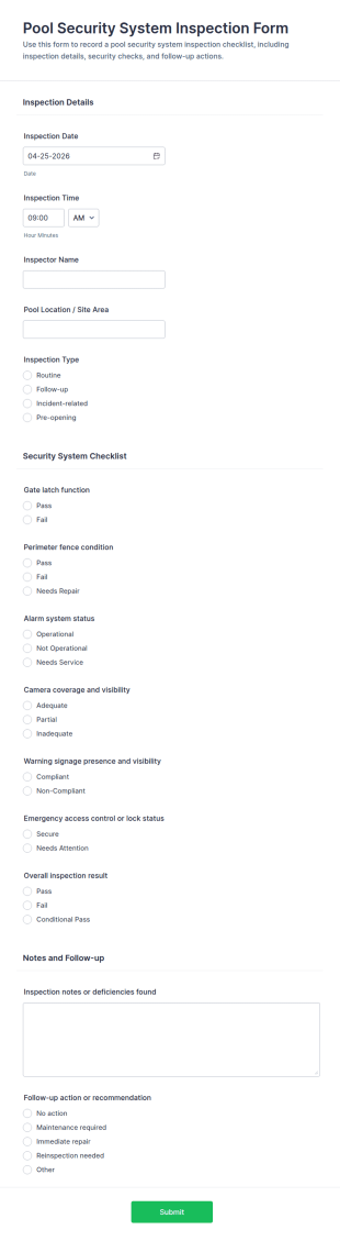 Pool Security System Inspection Checklist Form Template