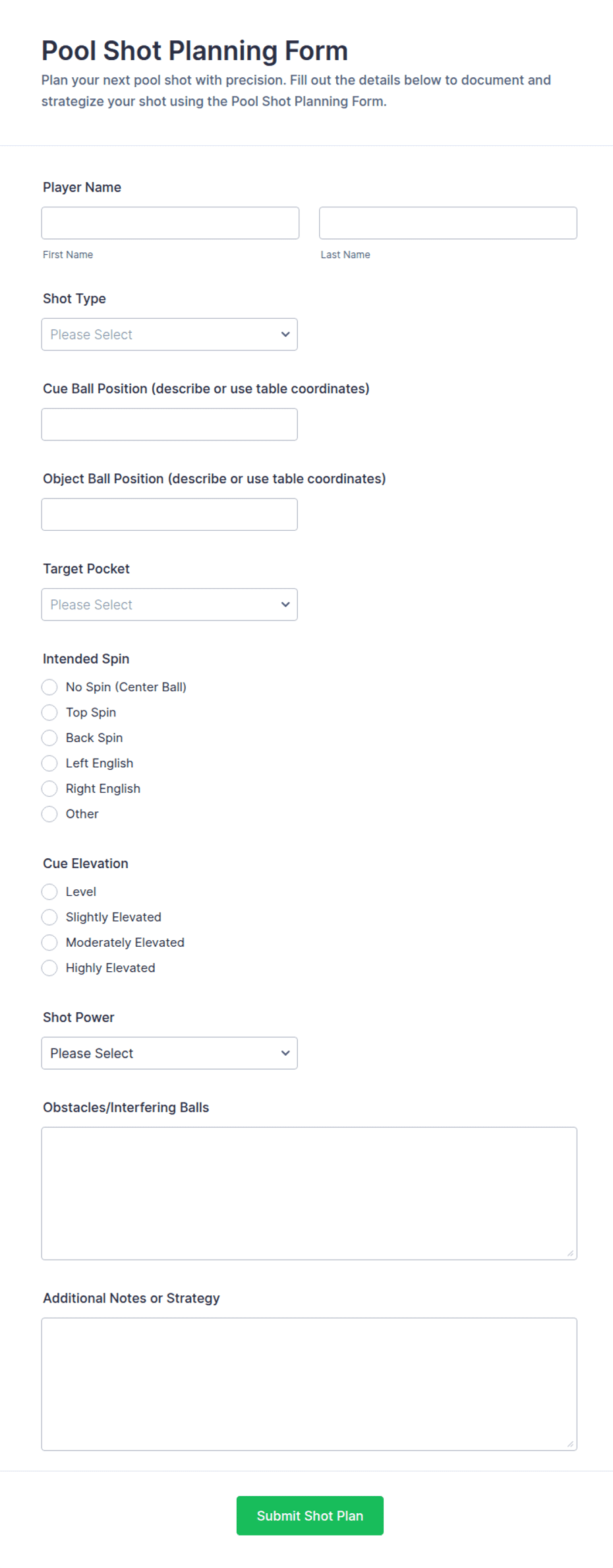 Pool Shot Planning Form Template | Jotform