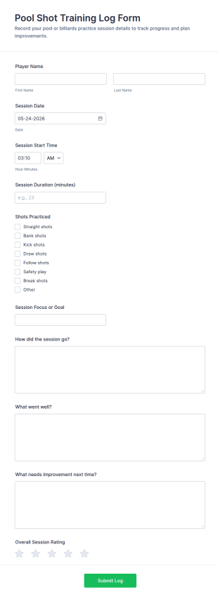 Pool Shot Training Log Form Template